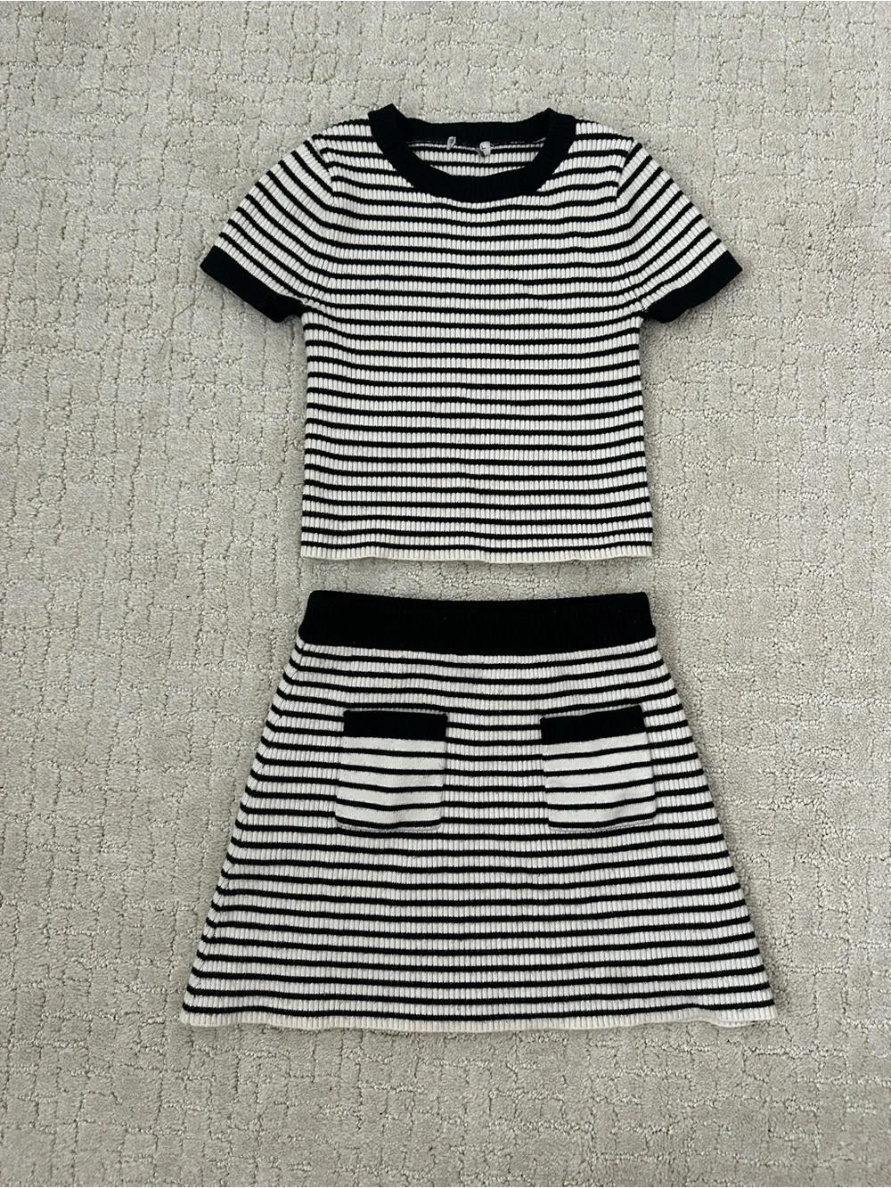 Habitual Black & White Striped Knit Top and Skirt Set
